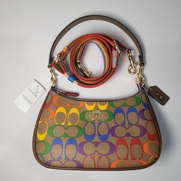 NWT Coach CA176 Teri Shoulder Bag Rainbow Signature Canvas Leather Khaki Multi - Picture 1 of 8